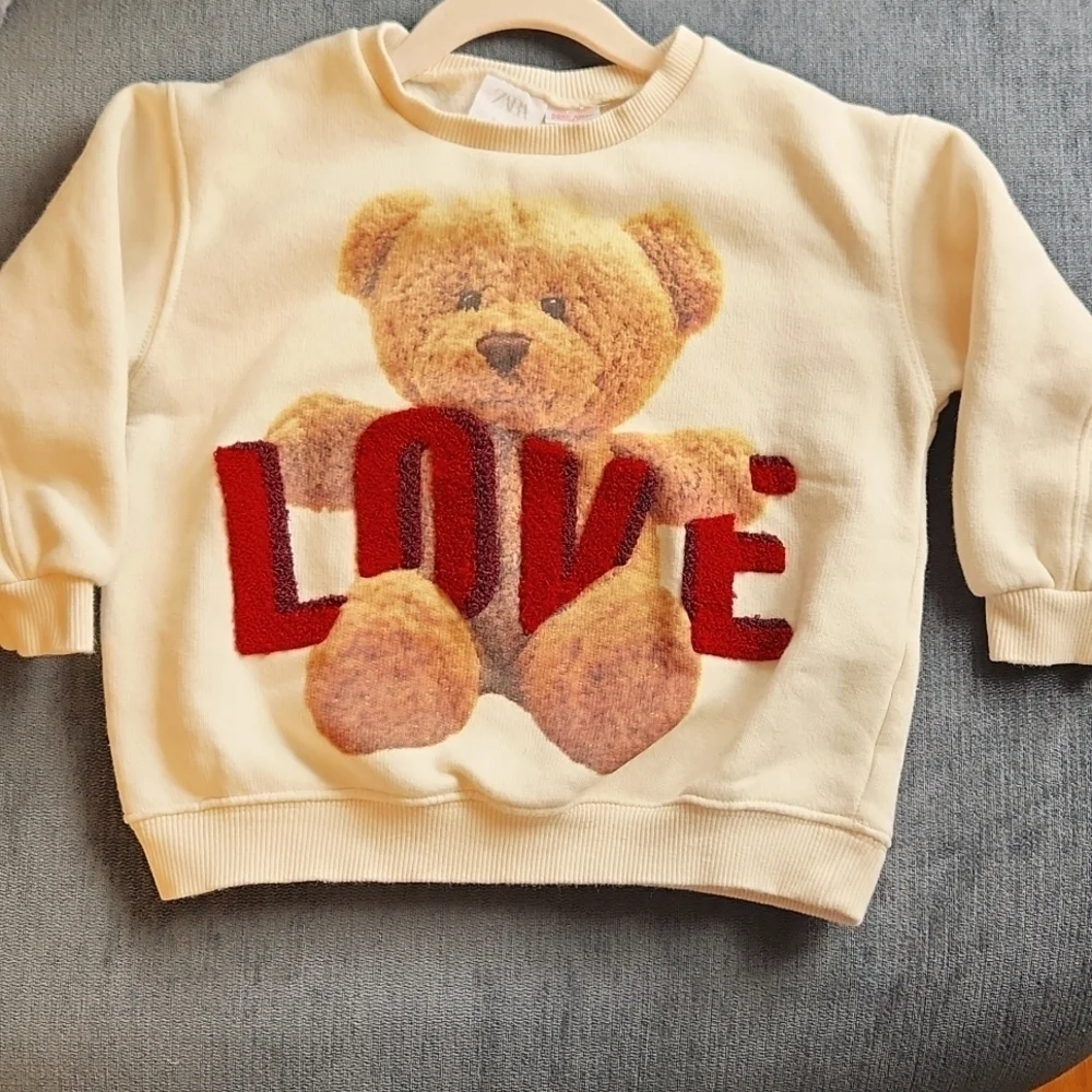 Zara Love Bear Kids Cream Teddy Bear Sweatshirt sz 3-4 toodler
